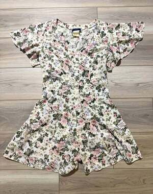 Vintage 90s Hana Floral Romper Rose Print Flutter Sleeve Tie Back Cottagecore M